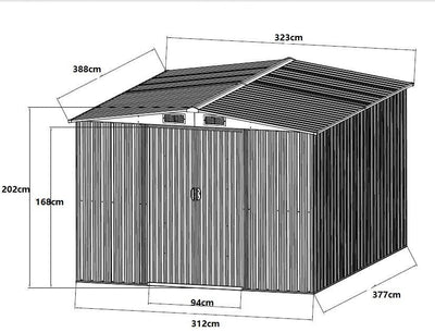 Graues Gartenhaus aus verzinktem Stahl 12,5 m² – Fabrikpreise